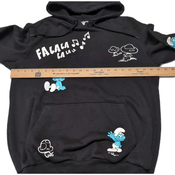 Smurfs Fleece Hoodie Womens M Black Pockets Mushroom Graphic Print Sweatshirt - Picture 15 of 16